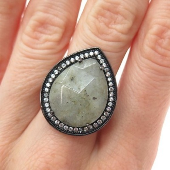 Jewelry - 925 Sterling Silver Black Rhodium Real Labradorite & C Z Teardrop Ring Size 9.25